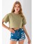 Kadın Bisiklet Yaka %100 Pamuk Basic Crop T-Shirt Haki - 925007 5