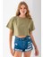 Kadın Bisiklet Yaka %100 Pamuk Basic Crop T-Shirt Haki - 925007 6