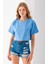 Kadın Bisiklet Yaka %100 Pamuk Basic Crop T-Shirt Mavi - 925007 4