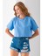 Kadın Bisiklet Yaka %100 Pamuk Basic Crop T-Shirt Mavi - 925007 5