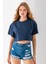 Kadın Bisiklet Yaka %100 Pamuk Basic Crop T-Shirt Lacivert - 925007 2