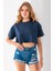 Kadın Bisiklet Yaka %100 Pamuk Basic Crop T-Shirt Lacivert - 925007 4