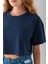 Kadın Bisiklet Yaka %100 Pamuk Basic Crop T-Shirt Lacivert - 925007 7