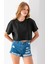 Kadın Bisiklet Yaka %100 Pamuk Basic Crop T-Shirt Siyah - 925007 1