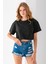 Kadın Bisiklet Yaka %100 Pamuk Basic Crop T-Shirt Siyah - 925007 4