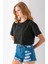 Kadın Bisiklet Yaka %100 Pamuk Basic Crop T-Shirt Siyah - 925007 6