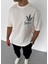 Unisex Bisiklet Yaka Baskılı Oversize T-Shirt - Beyaz 1