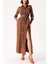 Kahve Şerit Fırfır Detaylı Uzun Gömlek Elbise 94352 1
