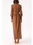 Kahve Şerit Fırfır Detaylı Uzun Gömlek Elbise 94352 4