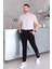 Erkek Beli Bağcıklı Slim Fit Slim Fit Cepli Düz Paça Baskılı Siyah Eşofman Altı 5