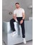 Erkek Beli Bağcıklı Slim Fit Slim Fit Cepli Düz Paça Baskılı Lacivert Eşofman Altı 5
