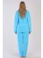 Kadın Turkuaz Renk Welsoft Kumaş Bisiklet Yaka Uzun Kollu Pijama Takımı C6T5N0603 4