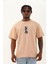 Unisex Oversize Baskılı Bisiklet Yaka T-Shirt - Bej 3