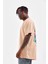 Unisex Bisiklet Yaka Baskılı Oversize T-Shirt - Bej 5