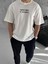 Unisex Bisiklet Yaka Baskılı Oversize T-Shirt - Beyaz 1