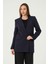 Lacivert Astarlı Kruvaze Kapama Dokuma Oversize Blazer Ceket 7