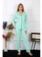 Kadın Pamuk Penye Önden Düğmeli Uzun Kol Su Yeşili Pijama Takım 1