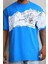 Unisex Bisiklet Yaka Baskılı Oversize T-Shirt - Mavi 1