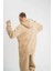 Unisex Double Oversize Kapşonlu Basic Sweatshirt - Bej 4