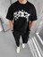 Unisex Bisiklet Yaka Baskılı Oversize T-Shirt - Siyah 1