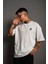 Unisex Bisiklet Yaka Baskılı Oversize T-Shirt - Beyaz 1