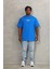 Unisex Oversize Baskılı Bisiklet Yaka T-Shirt - Mavi 4