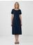 Lacivert Kayık Yaka Kısa Kollu Dokuma Midi Elbise 1