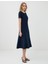 Lacivert Kayık Yaka Kısa Kollu Dokuma Midi Elbise 3