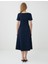 Lacivert Kayık Yaka Kısa Kollu Dokuma Midi Elbise 5