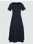 Lacivert Kayık Yaka Kısa Kollu Dokuma Midi Elbise 6