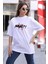 Unisex Bisiklet Yaka Baskılı Oversize T-Shirt - Beyaz 2