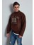 Erkek Oversize Bisiklet Yaka Nakışlı Triko Kazak Kahve 5
