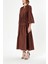 Kahve Beli Lastikli Büzgülü Uzun Elbise 93842 3