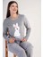 Kadın Gri Melanj Renk Bisiklet Yaka Uzun Kollu Düz Paça Pijama Takımı C0T1N0603 2