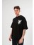 Unisex Bisiklet Yaka Baskılı Oversize T-Shirt - Siyah 1