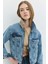 Regular Fit Yaka Leopar Desenli Orta Indigo Kadın Jean Ceket 4