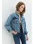 Regular Fit Yaka Leopar Desenli Orta Indigo Kadın Jean Ceket 5