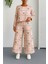 Pembe Pamuklu Penye Crop Üst ve Beli Lastikli Bol Paça Pantolon Ikili Takım - Normal ve Büyük Beden 1