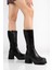 Siyah Kadın Platform Topuklu Çizme Diz Altı Suni Deri Kemer Tokalı 2