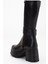 Siyah Kadın Platform Topuklu Çizme Diz Altı Suni Deri Kemer Tokalı 5