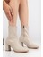 Bej Kadın Topuklu Bot Streç Suni Deri Küt Burunlu Kalın Topuklu 1
