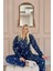 Lacivert Yıldız Heart Desenli Önden Düğmeli Peluş Polar Pijama Takımı 2