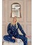 Lacivert Yıldız Heart Desenli Önden Düğmeli Peluş Polar Pijama Takımı 3
