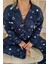 Lacivert Yıldız Heart Desenli Önden Düğmeli Peluş Polar Pijama Takımı 5