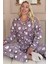 Lila Penguen Desenli Önden Düğmeli Peluş Polar Pijama Takımı 1