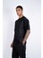 Kısa Kollu Baskılı, Kumaş Kombinasyonlu Siyah Pamuklu T-Shirt 1