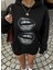 Kadın Siyah Oversize Kapüşonlu Sweatshirt – Baskılı Dudak Desenli, Sokak Stili, Rahat Kesim 2