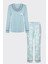 Kadın V Yaka Çiçek Desenli Ara Biyeli Uzun Kollu Pamuklu Pijama Takımı 5
