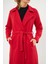 Kadın Astarsız Kuşak Basic Bol Kırmızı Uzun Kaşe Kaban 5