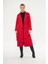Kadın Astarsız Kuşak Basic Bol Kırmızı Uzun Kaşe Kaban 6